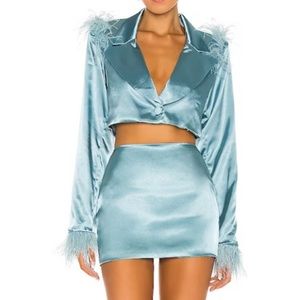 Danielle Guizio Feathered Double Breasted cropped Blazer in Seafoam, size Small